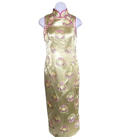 Chinese Vintage Gold Brocade Sleeveless Cheongsam Mandarin Style Maxi Dress - Picture 1 of 8